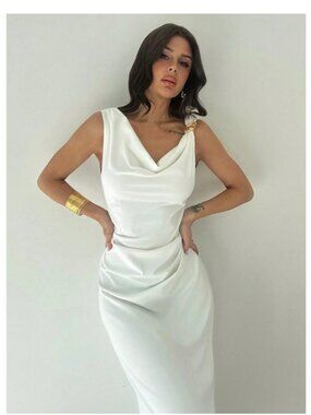 NEW Firerie Medium 6 White Sleeveless Halter  Stretch Bodycon Dress Gold